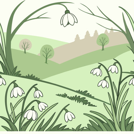 Spring landscape with snowdrops and green meadow. Vector illustration.のイラスト素材