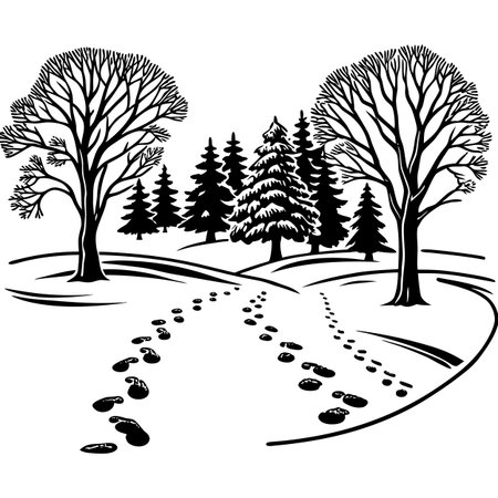 Black and white vector illustration of winter landscape with trees and footpathのイラスト素材