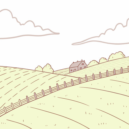 Beautiful rural landscape with a farm and a fence. Vector illustration.のイラスト素材