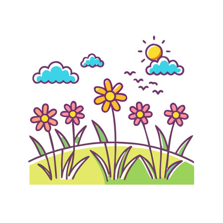 Flowers in grass with clouds and sun. Flat vector illustration.のイラスト素材