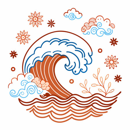 Sea waves and clouds in the form of a circle. Vector illustration.のイラスト素材