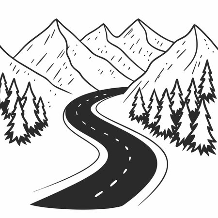 Road in the mountains. Vector illustration in black and white colors.のイラスト素材