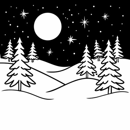 Winter landscape with fir trees, moon and stars. Vector illustration.のイラスト素材