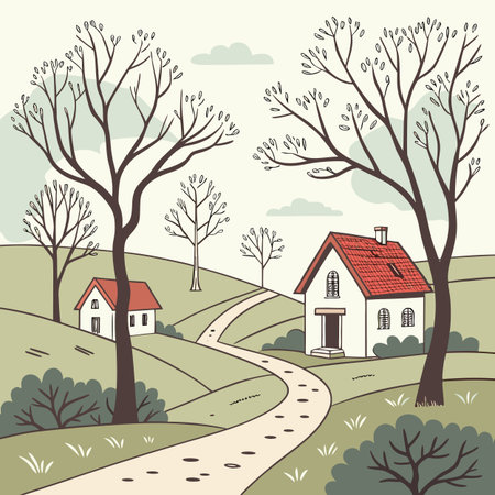 Vector illustration of spring landscape with house, road and trees. Retro style.のイラスト素材