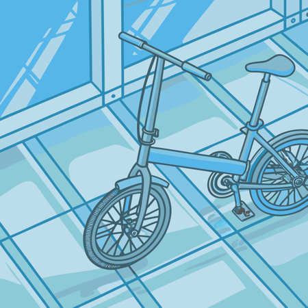 Blue tricycle on the background of a shopping mall. Vector illustrationのイラスト素材