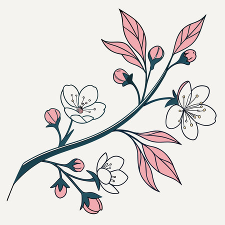 Sakura branch with flowers and leaves. Hand drawn vector illustration.のイラスト素材