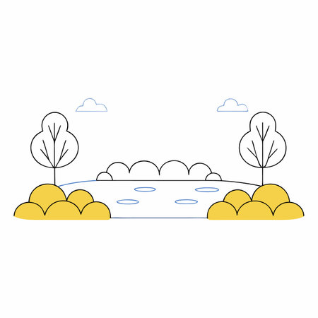 Landscape with lake and trees. Vector illustration in flat style.のイラスト素材