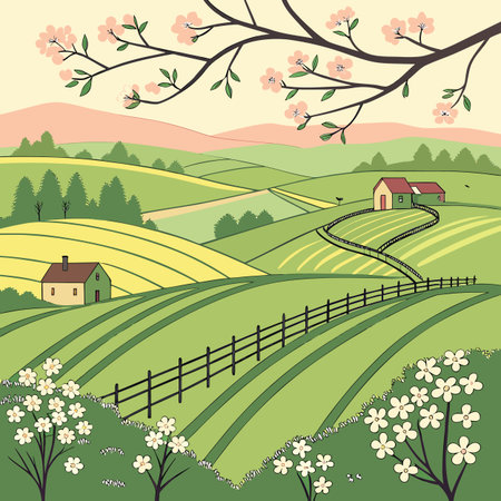 Country landscape with farm house and cherry blossom. Vector illustration.のイラスト素材