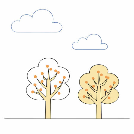 Flat style vector illustration of trees with autumn leaves and clouds.のイラスト素材