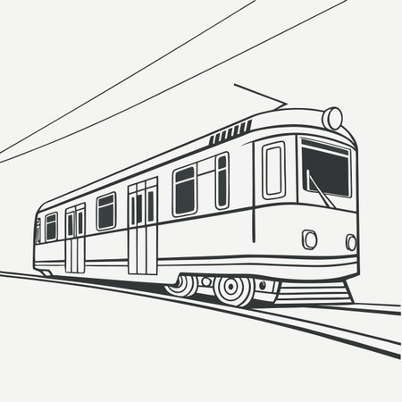 Train on the street. Vector illustration in a linear style. Monochrome.のイラスト素材