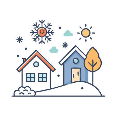 Vector illustration of house and snowflakes. Flat line style design.のイラスト素材