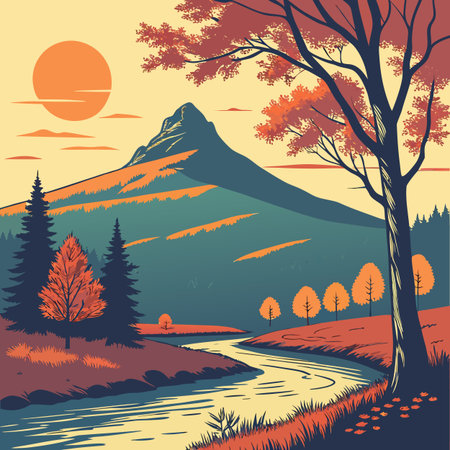 Autumn landscape with mountains, river and forest. Vector illustration.のイラスト素材