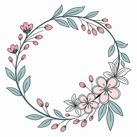 Round floral frame with pink flowers and green leaves. Vector illustration.のイラスト素材
