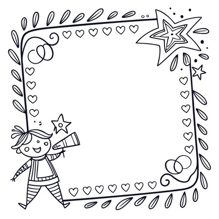 Black and white frame with a boy and hearts. Copy space. Vector clip art.のイラスト素材