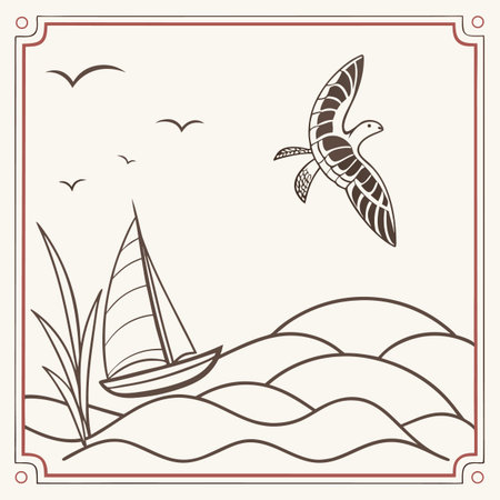 Vector illustration of a sea landscape with seagulls and a turtle.のイラスト素材