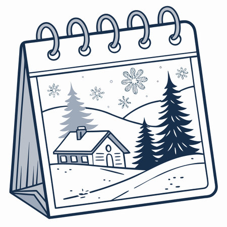 Calendar with winter landscape. Vector illustration in doodle style.のイラスト素材