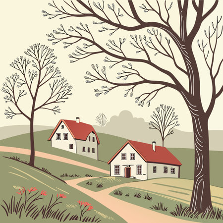 Vector illustration of a rural landscape with a house and a tree.のイラスト素材