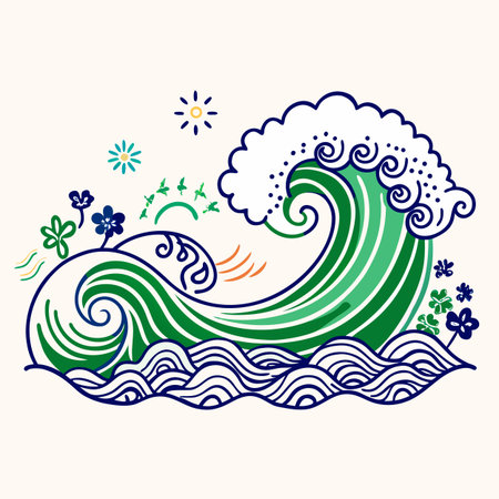 Sea wave with flowers. Hand drawn vector illustration in doodle style.のイラスト素材