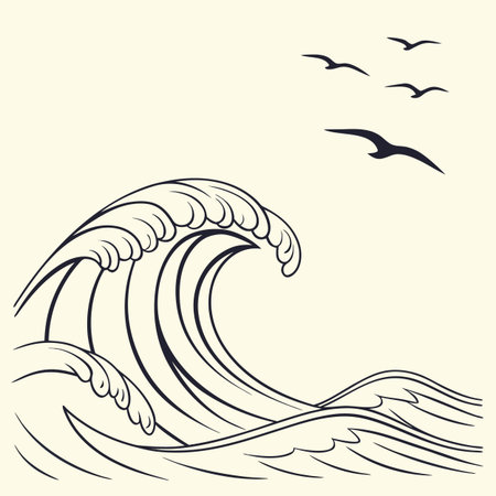 Vector illustration of a wave with a seagull on a light backgroundのイラスト素材