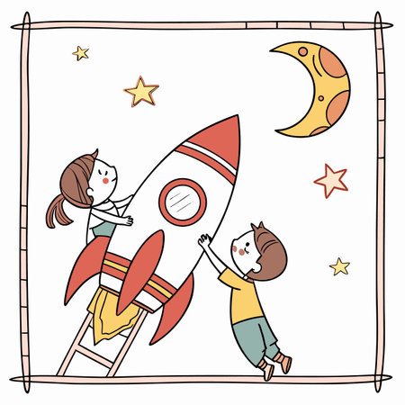 Illustration of Kids Playing with Spaceship and Moon on White Backgroundのイラスト素材