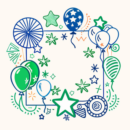 Circle frame with balloons, stars and ribbons. Vector illustration.のイラスト素材