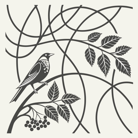 Vector illustration of a bird sitting on a branch of a rowanのイラスト素材