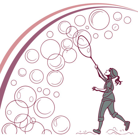 Illustration of a girl playing badminton with bubbles in the backgroundのイラスト素材