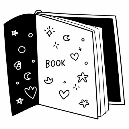 Black and white illustration of a book with hearts and stars on a white backgroundのイラスト素材