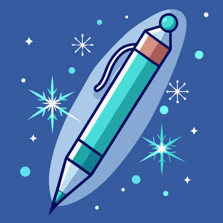 Pen and snowflakes on blue background. Vector flat illustration.のイラスト素材