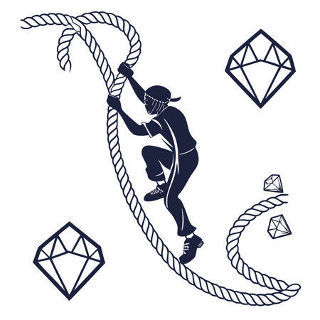 Climbing rope and diamond. Black and white vector illustration.のイラスト素材
