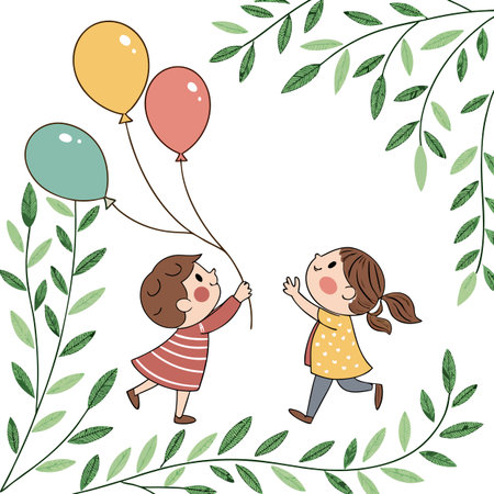 Cute little girl and boy with balloons and leaves. Vector illustration.のイラスト素材