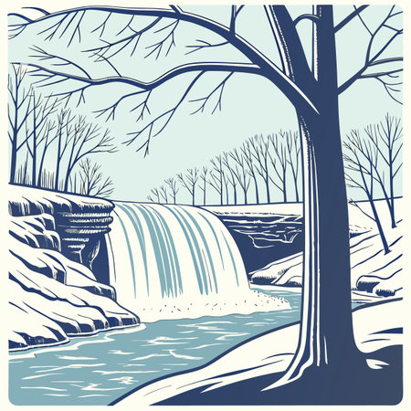 Winter landscape with waterfall and trees. Vector illustration in retro style.のイラスト素材