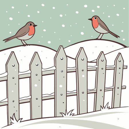 Two robins on the fence in the snow. Vector illustration.のイラスト素材