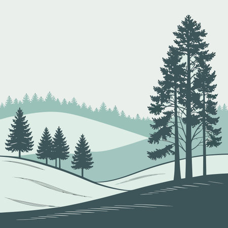 Winter landscape with coniferous forest and mountains. Vector illustration.のイラスト素材