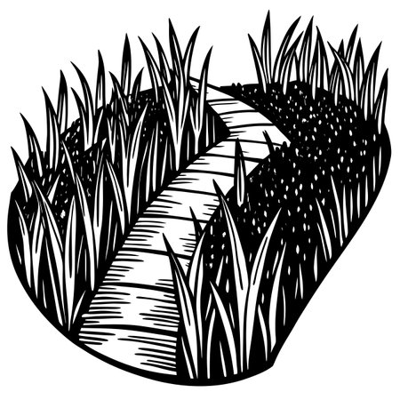 Black and White Cartoon Illustration of a Grass Path or Path in a Fieldのイラスト素材