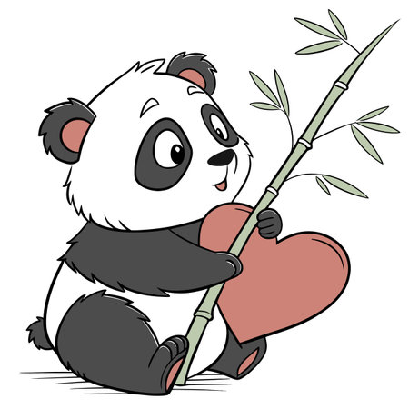 Illustration of a Cute Panda Holding a Red Heart and Bambooのイラスト素材
