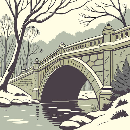 Bridge over the river in the park. Winter landscape. Vector illustration.のイラスト素材