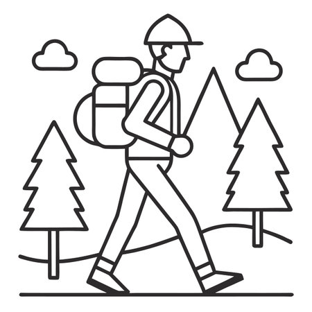 Hiking man thin line icon. Hiking man with backpack and hat. Vector illustrationのイラスト素材