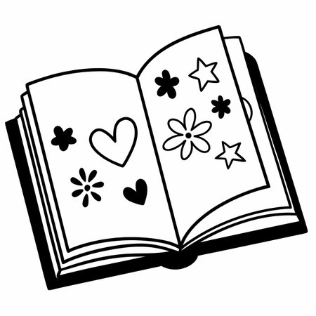 open book with flowers and hearts icon cartoon black and white vector illustration graphic designのイラスト素材