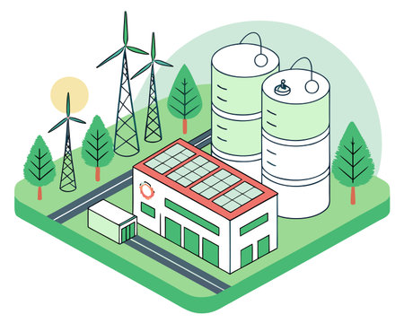 Eco power plant isometric vector illustration. Renewable energy industry.のイラスト素材