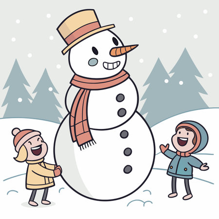 Snowman family. Vector illustration of a happy family with a snowman.のイラスト素材
