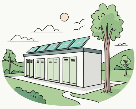 Illustration of a solar power station with trees and grass in the backgroundのイラスト素材
