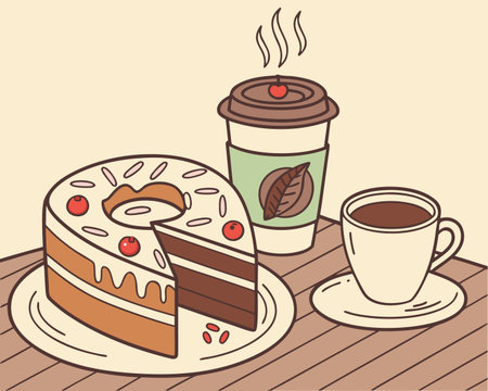 Coffee and cake on a wooden table. Vector illustration.