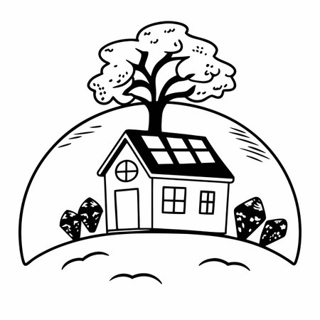 house with tree in the landscape black and white vector illustration graphic designのイラスト素材