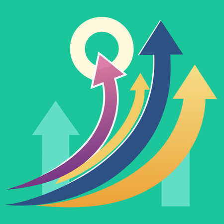 Colorful upward curving arrows representing growth, success, and progress on a teal background.のイラスト素材