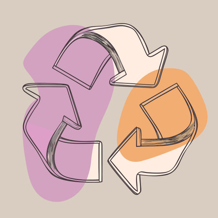 A sketched recycling icon consisting of three arrows on a background of soft purple and orange organic shapes.のイラスト素材
