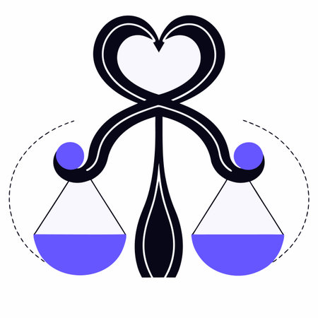 A modern illustration of the scales of justice integrated with a heart symbol at the top, representing fairness and compassion.のイラスト素材