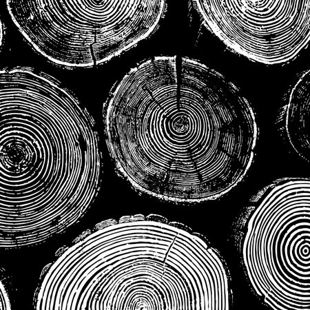A striking monochrome woodcut style illustration showing various tree log cross-sections with detailed growth rings.のイラスト素材