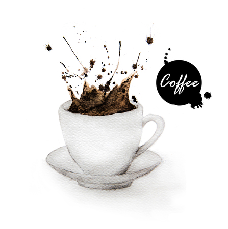 Coffee Splash From Cup. Hand drawn watercolor painting on white background.の写真素材