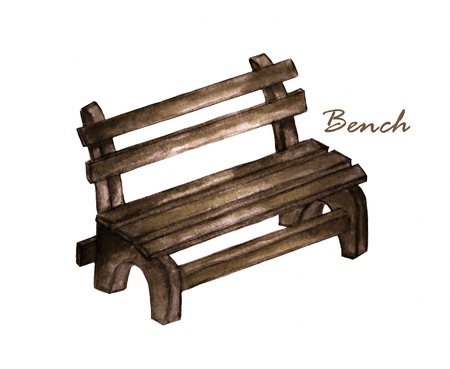 Watercolor painting of Old wooden bench on white backgroundの写真素材